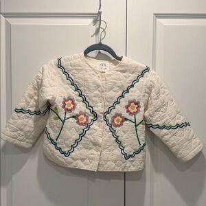 Zara Kids Embroidered Jacket, Cream Quilted with Colorful Floral Design, 6-7